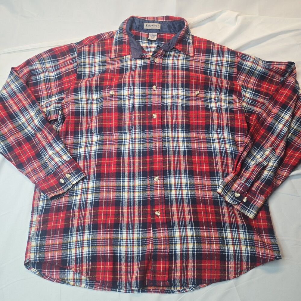 Windridge Mens Plaid Button Up Shirt L Red Blue Western Rodeo Wear Cabin Core
